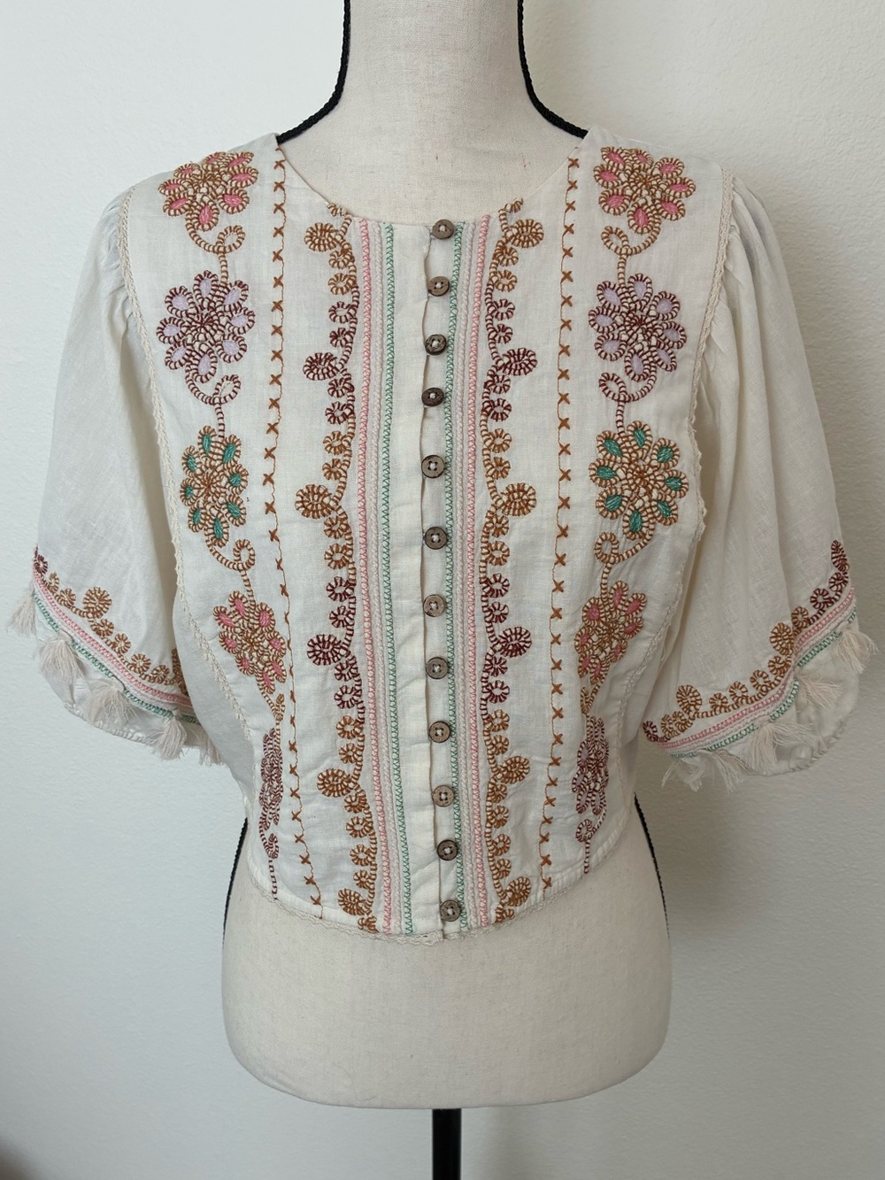 Zara Embroidered Boho Puff Sleeve Cropped Top